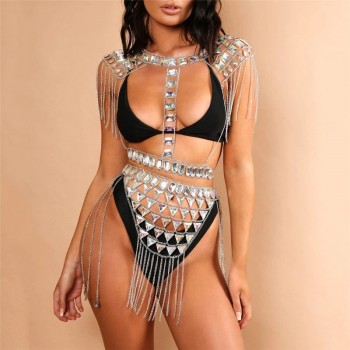 Shiny Gems Two Piece Set Women Hollow Out Crop Top Link Chain Tassels Mini Skirts Outfits Party Night Club 2 Piece Matching Sets